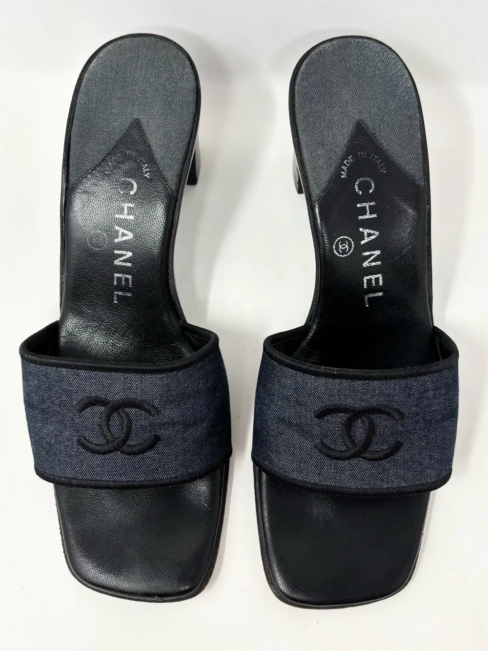 Chanel Vintage Navy CC Logo Mule Heeled Sandals Size 6.5 90s Y2K